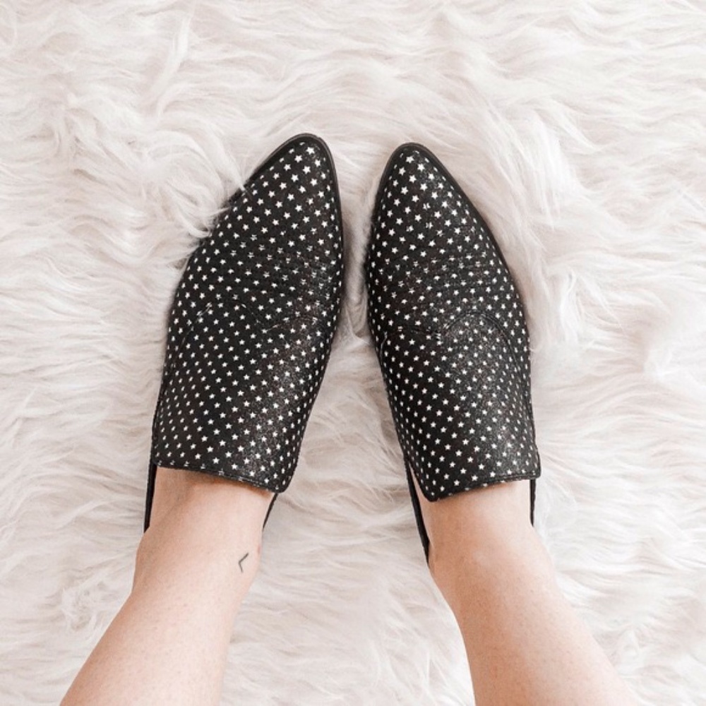 REBECCA MINKOFF KARYNAH LEATHER GLITTER STAR MULES